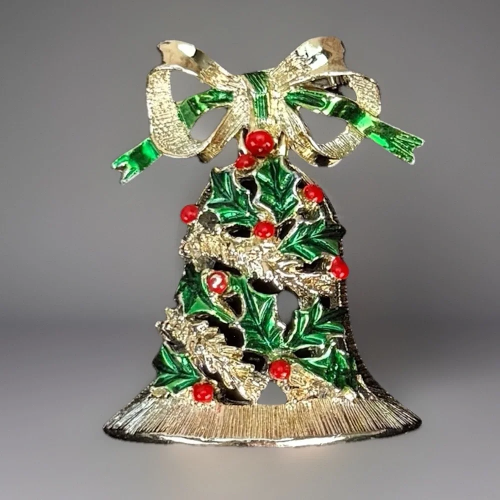 Vintage goldtone, movable, holiday festive Christmas, red, green, bell brooch